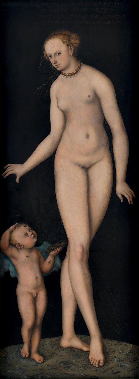 Venus med Amor som honungstjuv framför en svart bakgrund av Lucas Cranach the Elder