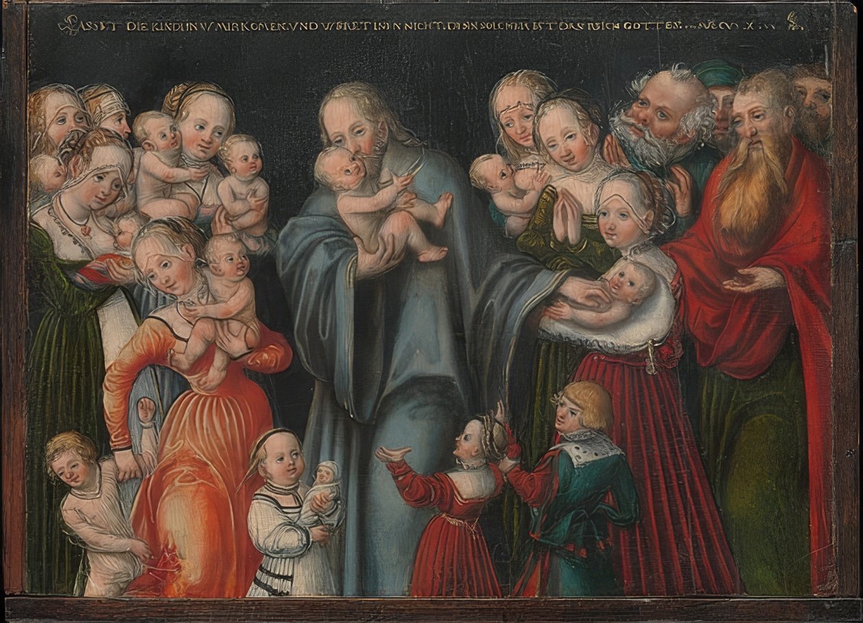 Kristus välsignar barnen. Omkring 1545--50 av Lucas Cranach the Younger