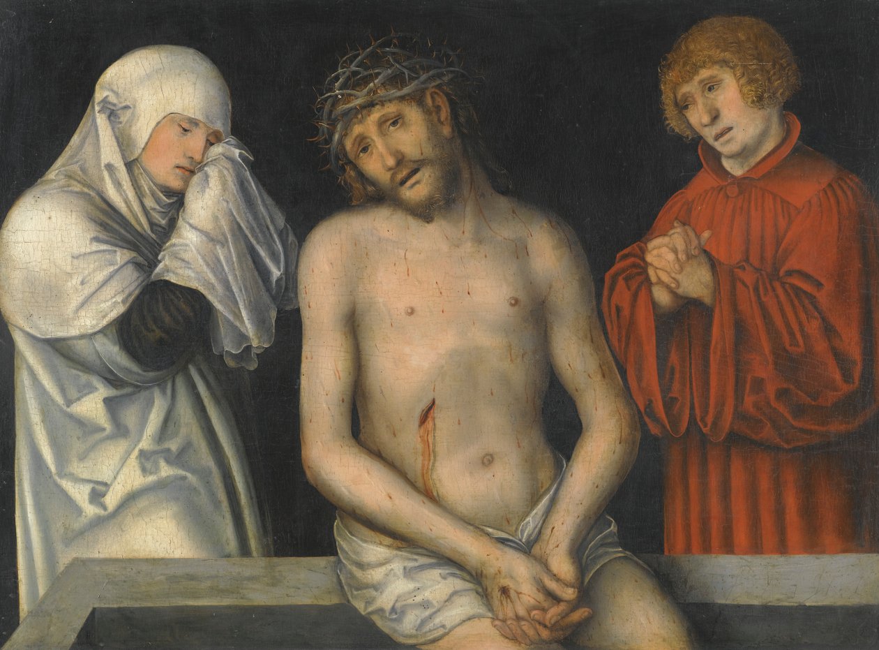 Tyska: Der Schmerzensmann zwischen Maria und Johannes Smärtornas man flankerad av Jungfru Maria och Johannes av Lucas Cranach the Younger