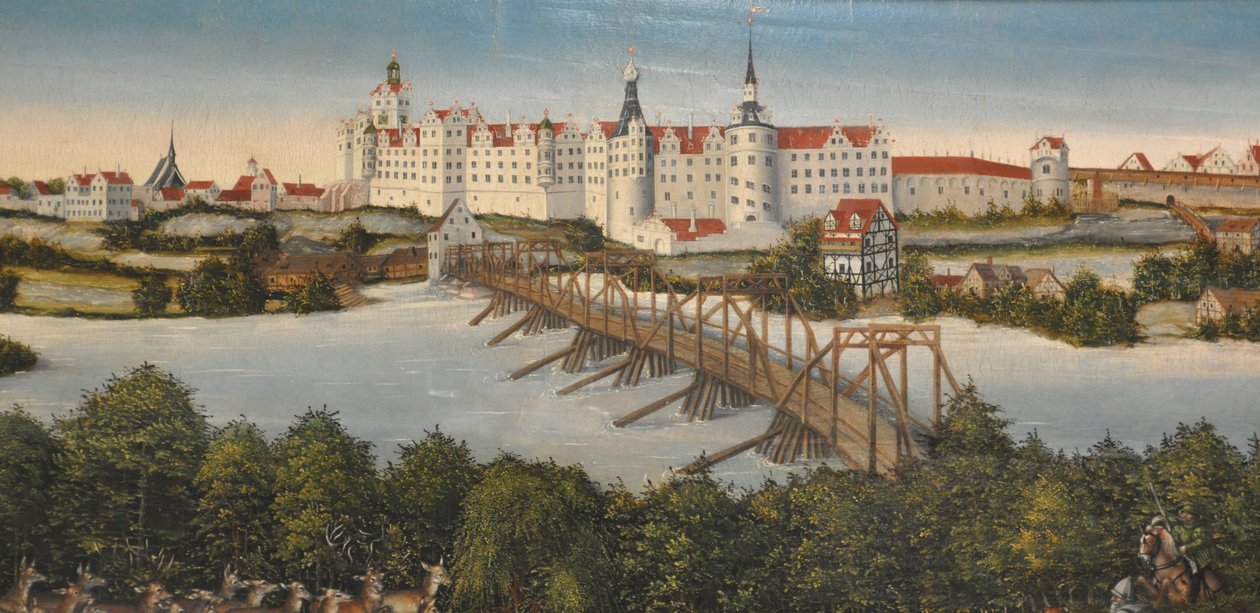 Tyska: Kurfursten Johann Friedrichs hjortjakt Kurfursten Johann Friedrichs hjortjakt
 detalj: Slottet Hartenfels i Torgau av Lucas Cranach the Younger