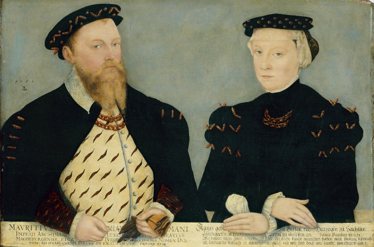 Tyska: Kurfursten Moritz av Sachsen (1521-1553) och hans hustru Agnes (1527-1555) Moritz, kurfurste av Sachsen och hans hustru Agnes av Lucas Cranach the Younger