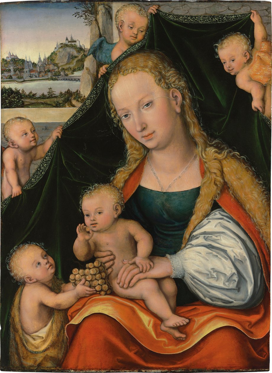 Tyska: Madonna und Kind mit dem Johannesknaben und Engeln Jungfrun och barnet med spädbarnet Johannes Döparen och änglarna av Lucas Cranach the Younger