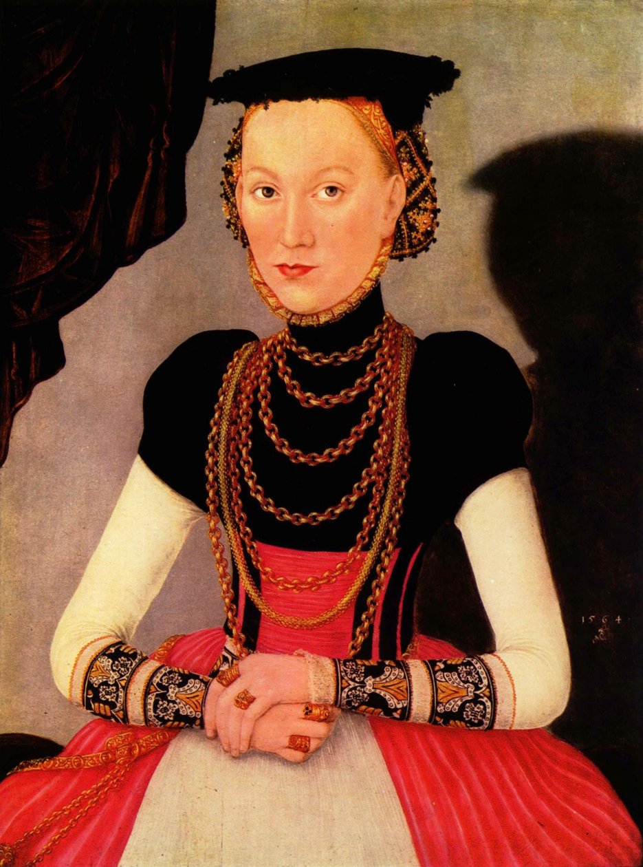 Tyska: Weibliches Bildnis / Bildnis einer Frau (eine geborene Hoffmann aus Leipzig) Kvinnoporträtt / Porträtt av en kvinna (en född Hoffmann från Leipzig) av Lucas Cranach the Younger
