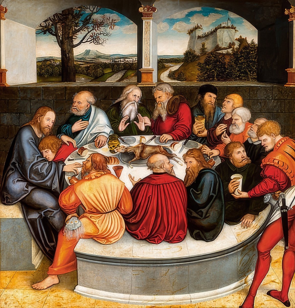 Reformationsaltare, mittpanel på framsidan: Martin Luther bland apostlarna vid nattvarden. 1546/47 av Lucas Cranach the Younger