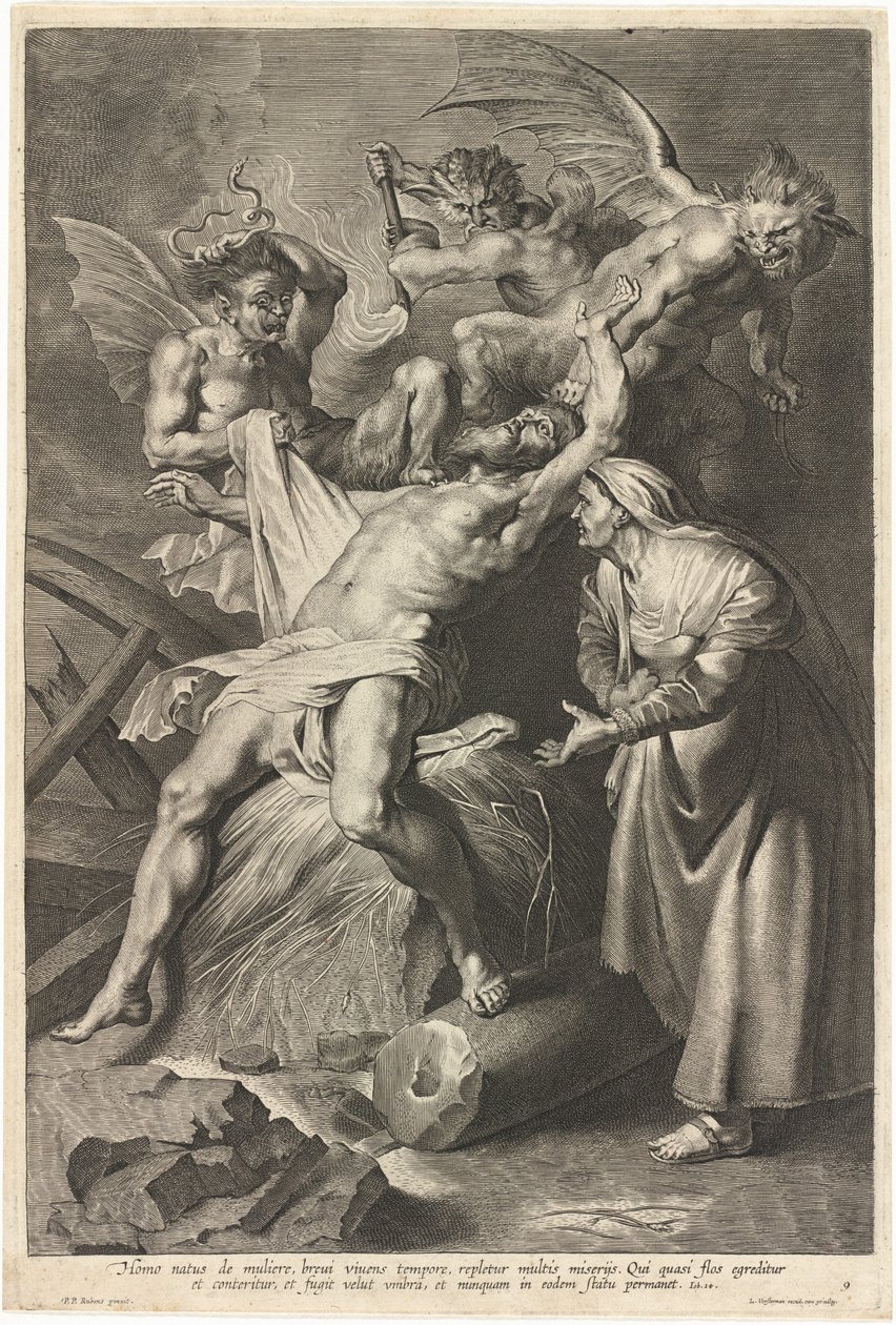Job plågas av demoner och misshandlad av sin fru av Lucas Emil Vorsterman after Sir Peter Paul Rubens