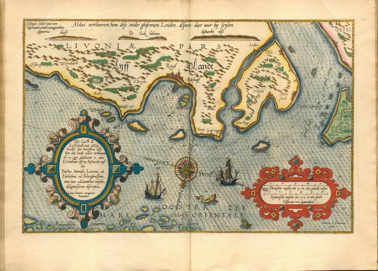 Livonie (Nord de la Lituanie actuelle) - Karta över Livland (Die custe va Lijfflandt med eijlanden daer beneffens...) - Waghenaer, Lucas Jansz. (1533/34-1606) - 1586 - Kopparstick, akvarell - Privat samling av Lucas Janszoon Waghenaer