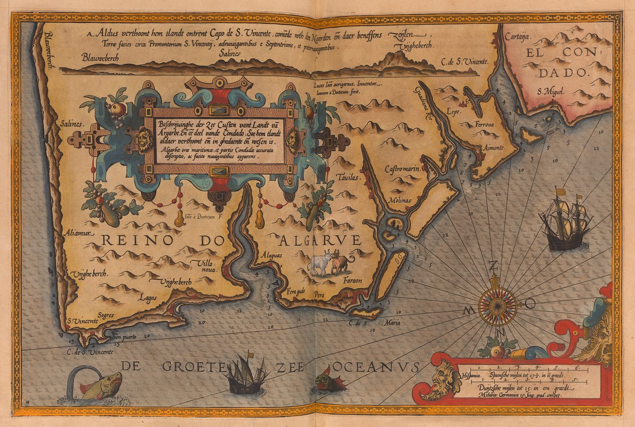 Atlas i överstorlek med titeln "Speculum nauticum super navigatione maris occidentalis confectu, continens omnes oras maritimas Galliae, Hispaniae, and praecipuarum partium Angliae", ca 1591 (teckning) av Lucas Janszoon Waghenaer