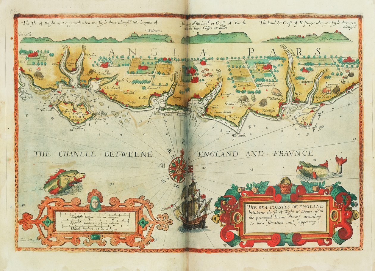 Englands havskuster mellan Isle of Wight och Dover, med de viktigaste hamnarna enligt deras läge och utseende, ca 1588 (karta) av Lucas Janszoon Waghenaer