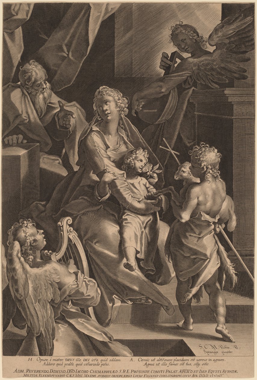 Den heliga familjen och två änglar av Lucas Kilian, after Bartholomaeus Spranger