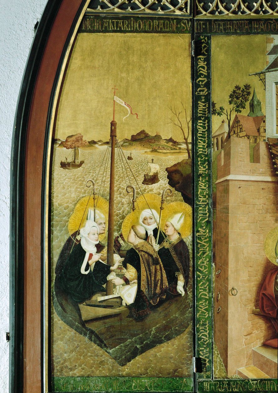 Sankt Lazarus och de heliga Magdalena och Maria på resa ... (tempera på pergament) av Lucas Moser