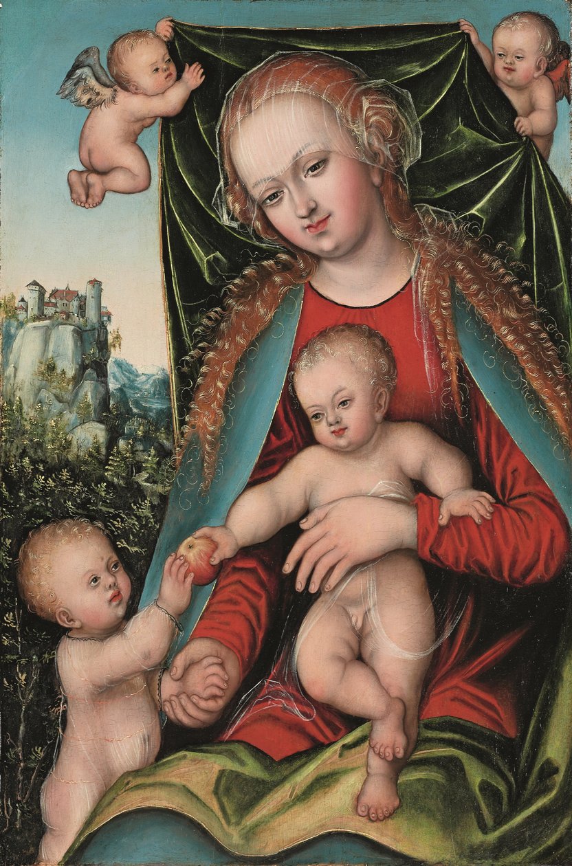 Den heliga jungfrun och barnet med spädbarnet Johannes döparen och änglar, ett skogslandskap med en fästning på en klippa bortom, ca 1512 (olja på panel) av Lucas The Elder (studio of) Cranach