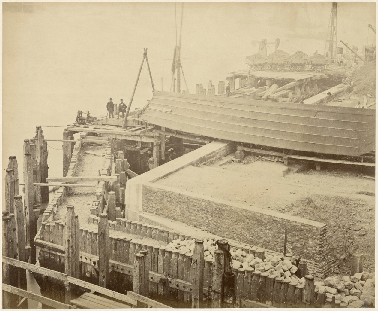 Konstruktion av den utökade Limehouse Basin, London, maj 1869 av Lucas and Tuck