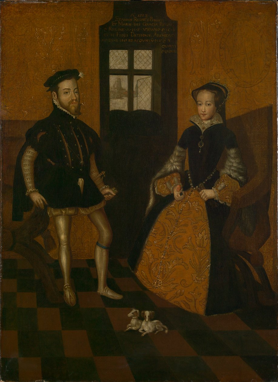 Maria I av England och Filip II av Spanien (olja på duk) av Lucas de (after) Heere