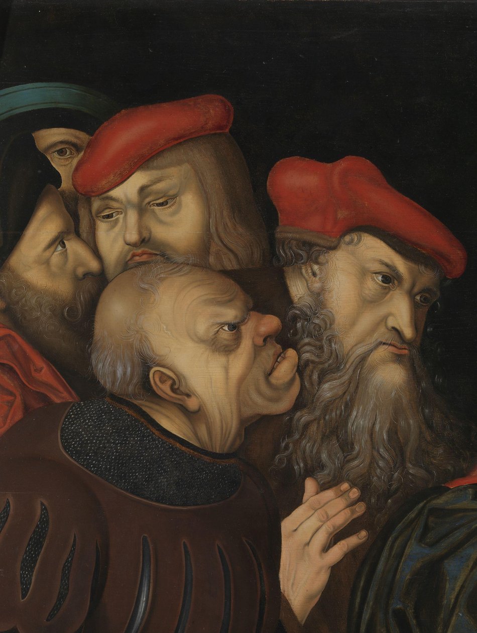 Kristus och kvinnan tagen i äktenskapsbrott, detalj, ca 1700 (olja på trä) av Lucas the Elder (after) Cranach