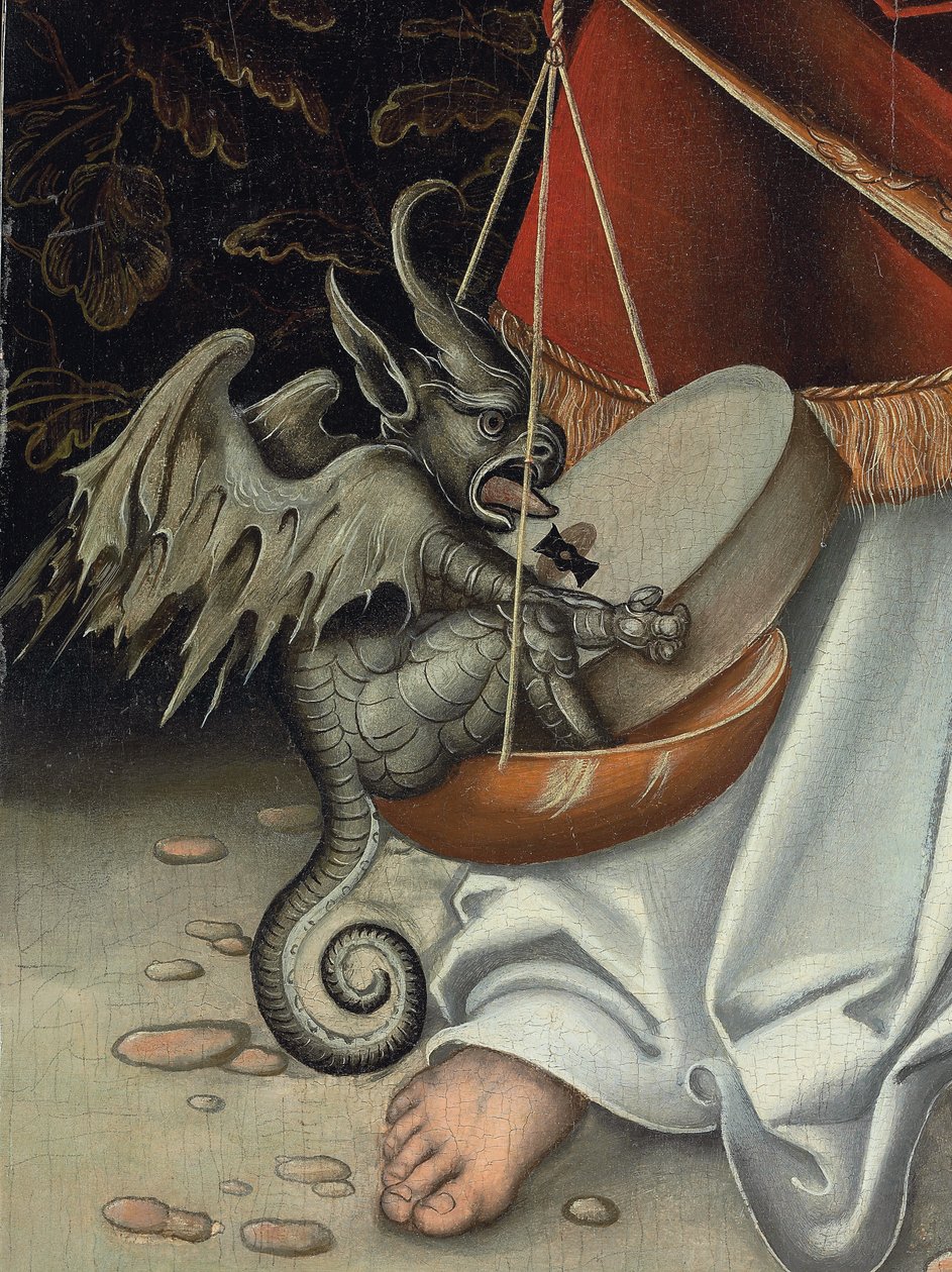 Ärkeängeln Mikael som håller i rättvisans våg (detalj) (olja på panel) av Lucas the Elder (workshop of) Cranach