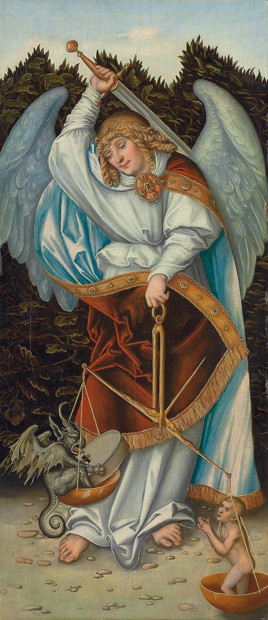 Ärkeängeln Mikael som håller i rättvisans våg (olja på panel) av Lucas the Elder (workshop of) Cranach