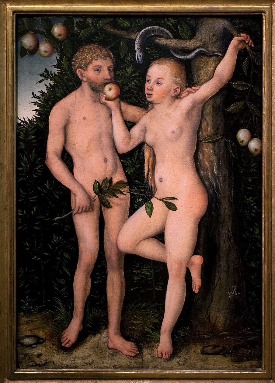 Adam och Eva. Målning av Lucas Cranach den förra (1472-1553), cirka 1538. Flamländsk konst 1500-talet. Nationalgalleriet, Sternbergpalatset, Prag (Tjeckien). av Lucas the Elder Cranach