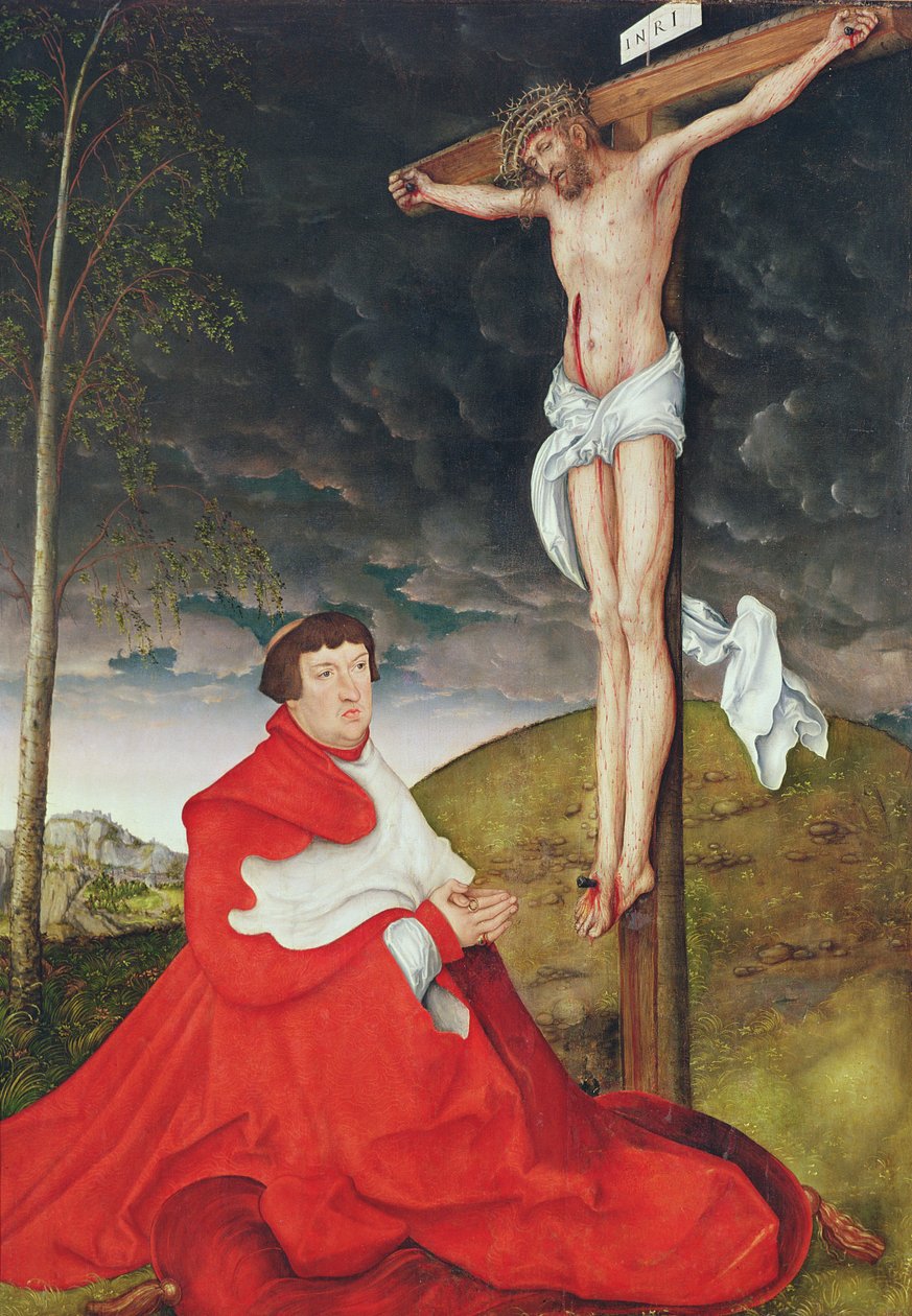 Albert, kardinalkurfursten av Mainz vid foten av korset (olja på panel) av Lucas the Elder Cranach