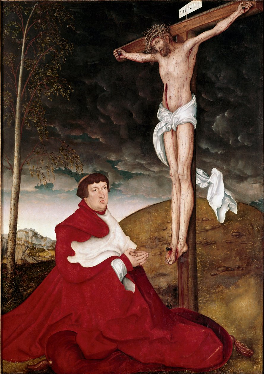Kardinal Albert von Brandenburg beundrar krucifixmålningen av Lucas Cranach den äldre (1472-1553) av Lucas the Elder Cranach