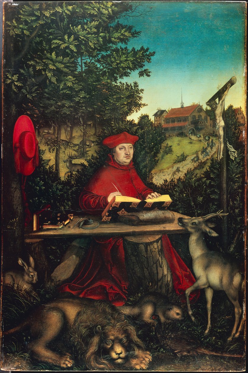 Kardinal Albrecht av Brandenburg (1490-1545) som den helige Hieronymus, av Cranach, Lucas, den äldre (1472-1553). Olja på trä av Lucas the Elder Cranach