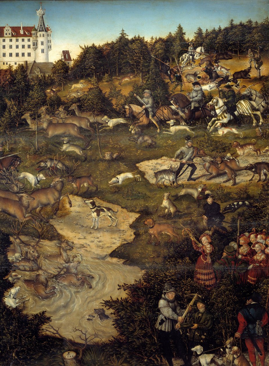 Jakt för att hedra Karl V på Torgau slott (Tyskland). Detalj. Målning av Lucas Cranach (1472-1553) av Lucas the Elder Cranach