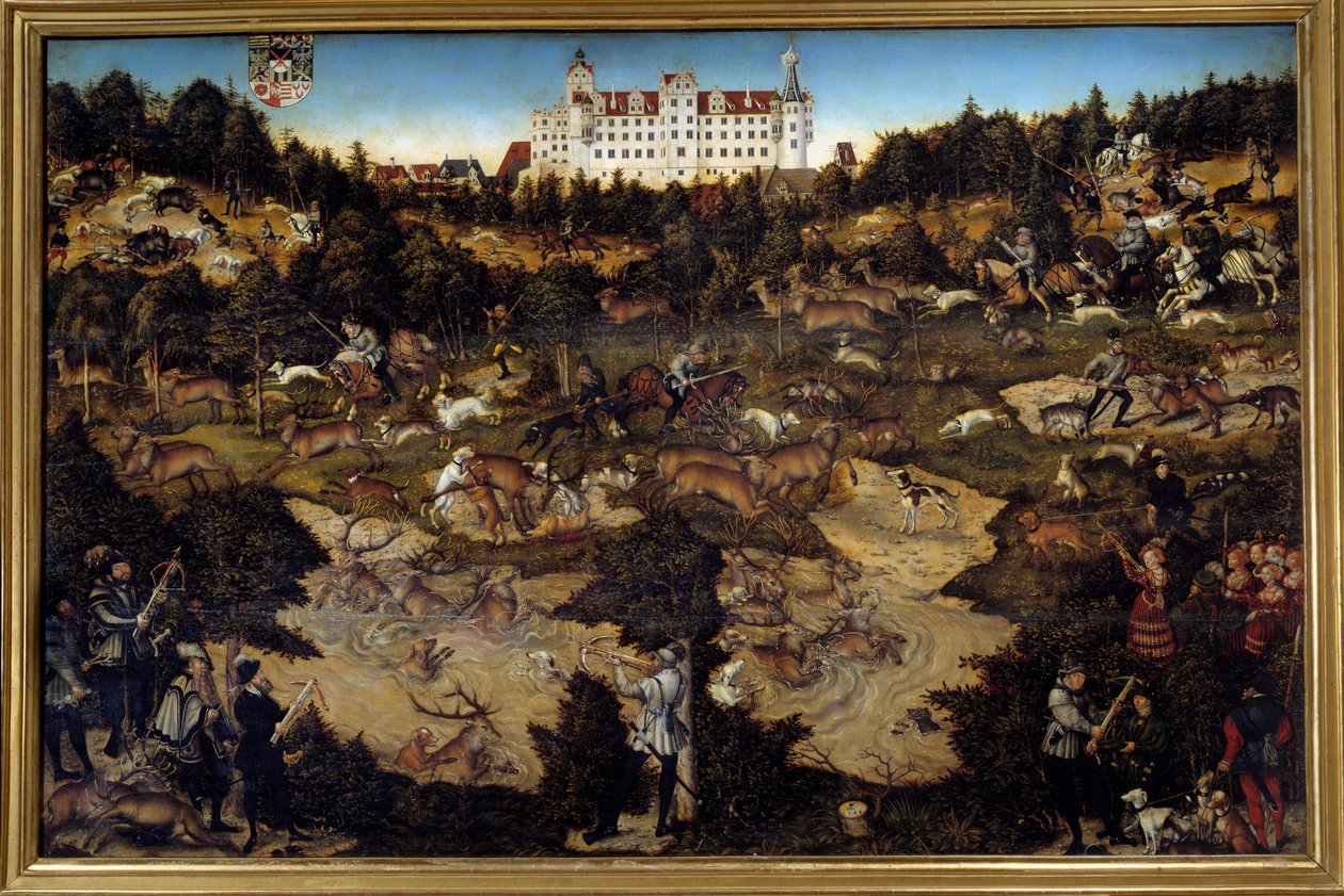 Jakt för att hedra Karl V på Torgau slott (Tyskland). Målning av Lucas Cranach den äldre (1472-1553) av Lucas the Elder Cranach