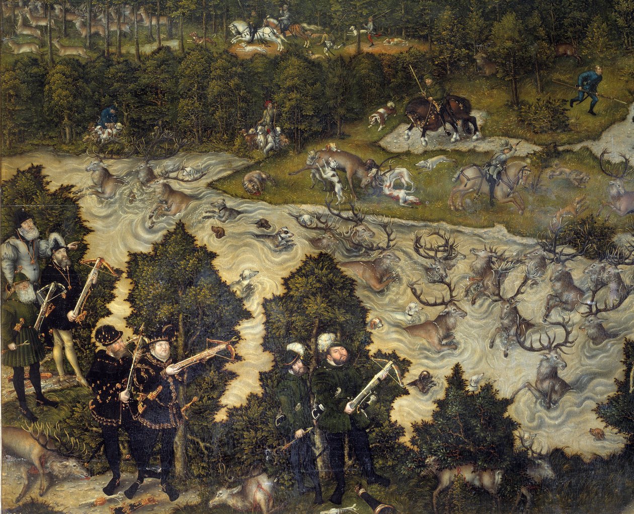 Jakt för att hedra Karl V på Torgau slott i Tyskland. Kejsaren är representativ till vänster förmodligen. Detalj. Målning av Lucas Cranach den äldre (1472-1553). 1500-talet. Madrid. Pradomuseet av Lucas the Elder Cranach