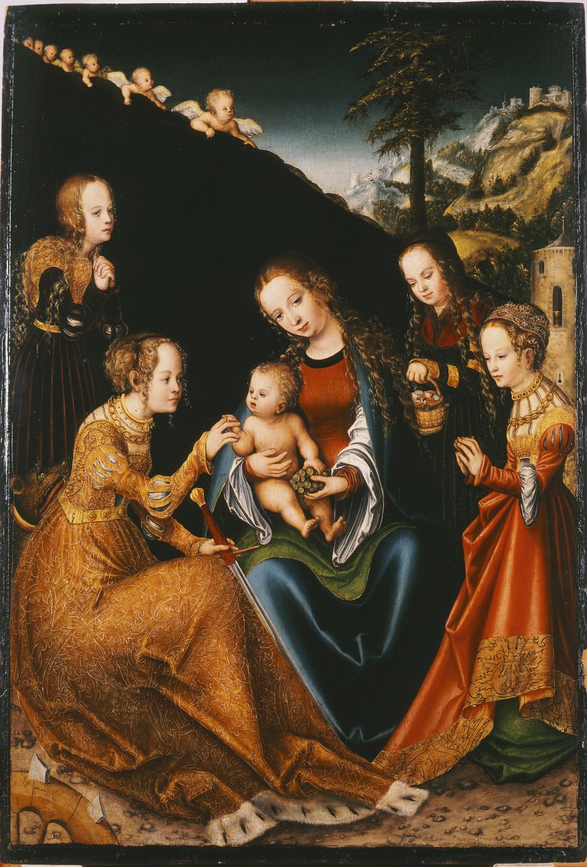 Det mystiska äktenskapet mellan Sankta Katarina av Alexandria med Sankta Dorothee, Sankta Margareta och Sankta Barbara - Det mystiska äktenskapet mellan Sankta Katarina av Alexandria med heliga Dorothea, Margareta och Barbara, av Cranach, Lucas, den äldre  av Lucas the Elder Cranach
