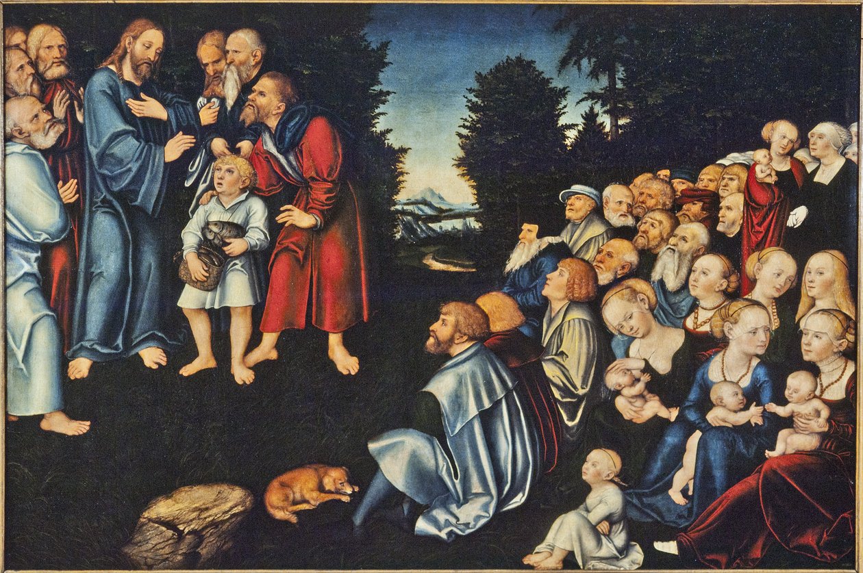 La multiplification des pains - Miraklet med de fem bröden och två fiskarna, av Cranach, Lucas, den äldre (1472-1553). Olja på trä. Mått: 82x120 cm. Nationalmuseum Stockholm av Lucas the Elder Cranach
