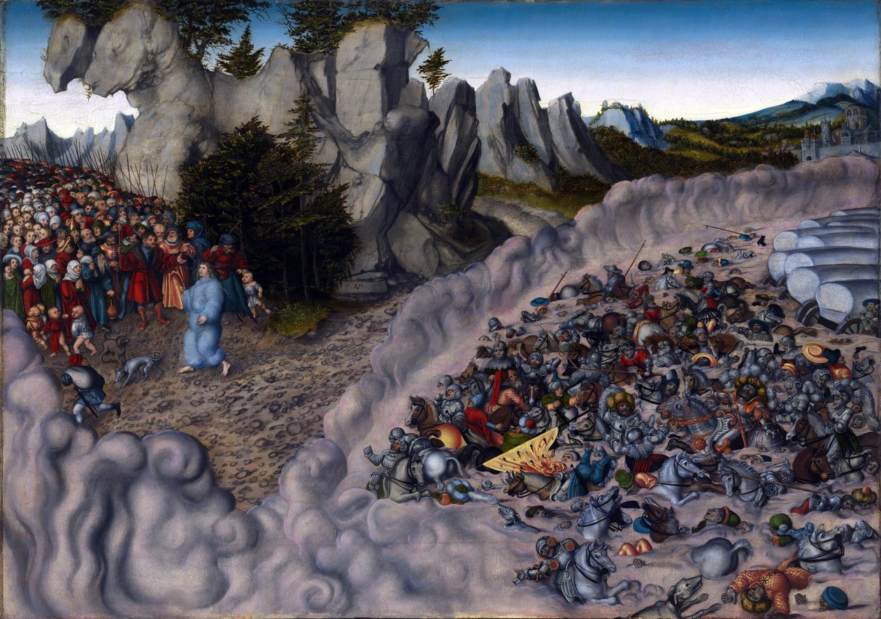 ""Israels folks korsning av Röda havet, Faraos armé drunknar"" - Korsningen av Röda havet (Faraos värdar uppslukade av Röda havet) - Målning av Lucas Cranach, den äldre (1472-1553) - 1530 - Olja på trä - 83,2x118,8 cm - Staatsgal av Lucas the Elder Cranach