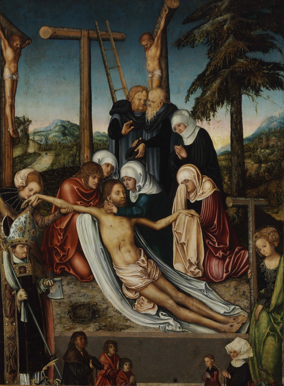 Lamentation du Christ mort avec Saint Wolfgang, Ste Helene - The Lamentation over Christ with Saints Wolfgang and Helena par Lucas Cranach the Elder (1472-1553), ca. 1525 - Olja på trä, 47,6x32,3 - Szepmuveszeti Muzeum, Budapest av Lucas the Elder Cranach
