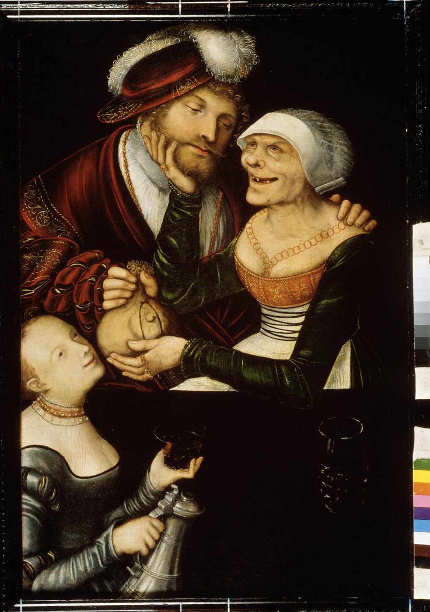 ""The Procure"" (The procuress) En tandlös gammal hallick tar en kunds handväska i utbyte mot en intervju med en prostituerad. Målning av Lucas Cranach den äldre (1472-1553) cirka 1530 State Georgian Art Museum, Tiflis (Tbilisi) Georgia av Lucas the Elder Cranach