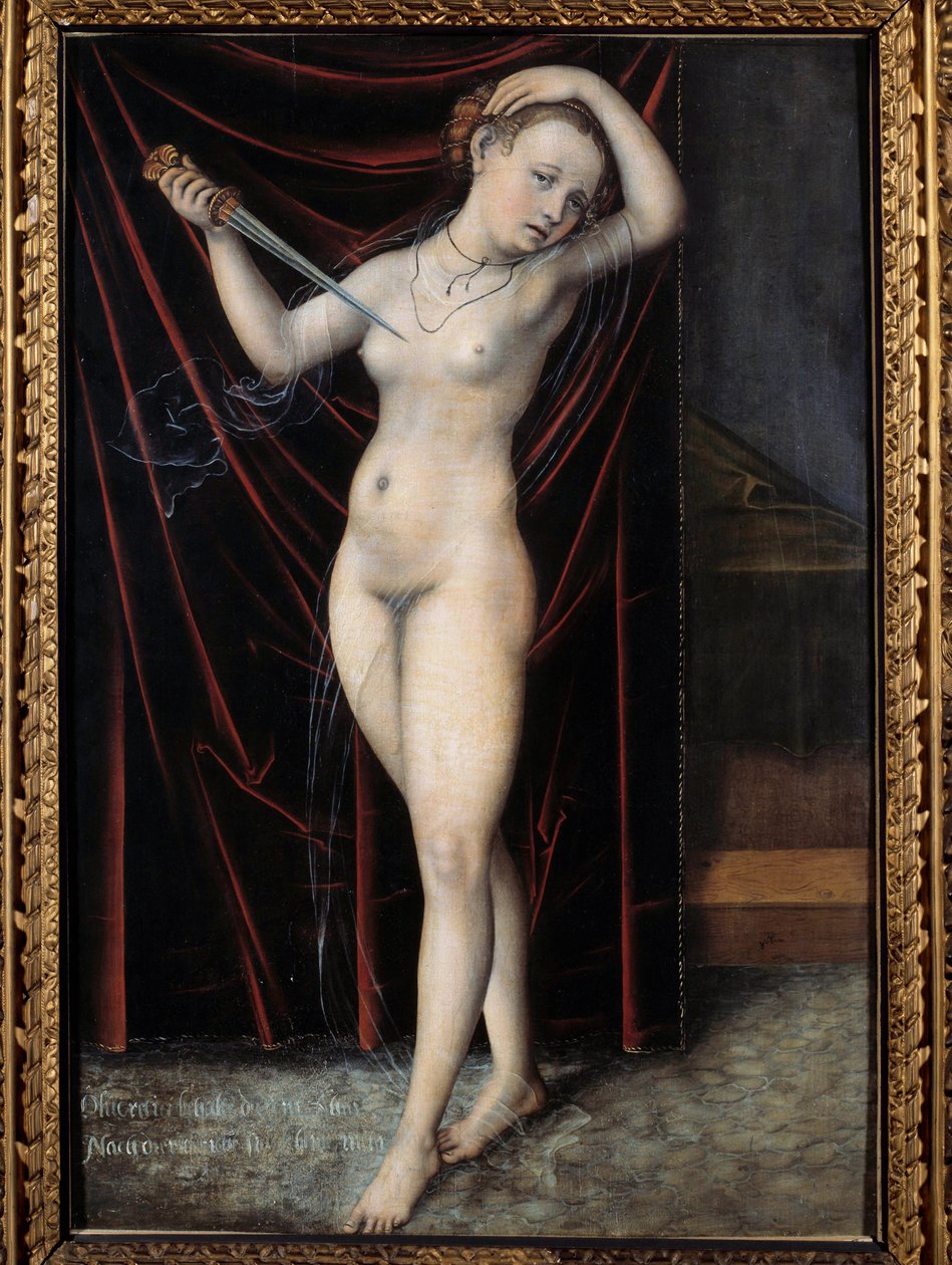 Lucrece ger sig själv döden Lucreces självmord, romersk dam på 600-talet f.Kr. Målning av Lucas Cranach (1472-1553) 1500-talet. Besançon, Museum of Fine Arts av Lucas the Elder Cranach