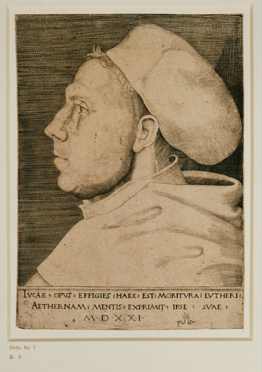 Martin Luther med doktorshatt. Gravyr ... (gravyr) av Lucas the Elder Cranach