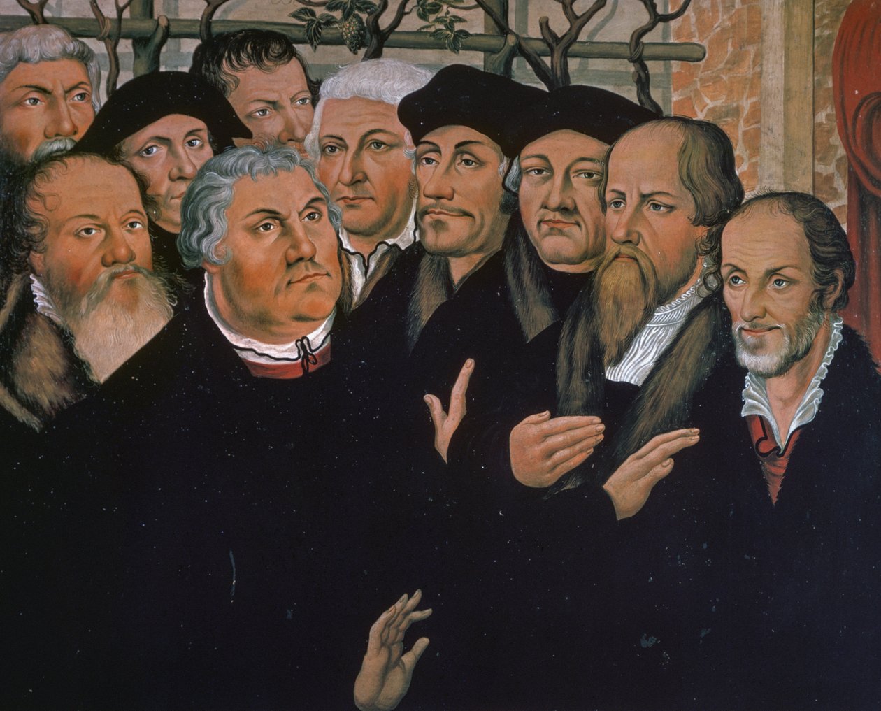 Martin Luther med representanter för protestantisk reformation, till höger Melanchthon, i centrum Erasmus av Rotterdam, detalj från Lazarus uppståndelse, målning av Lucas Cranach Elder (1472-1553) av Lucas the Elder Cranach
