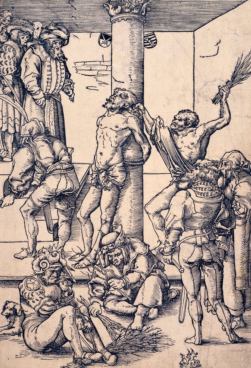 Passion of Christ: the scourging, av Lucas Cranach den äldre (1472-1553), träsnitt av Lucas the Elder Cranach