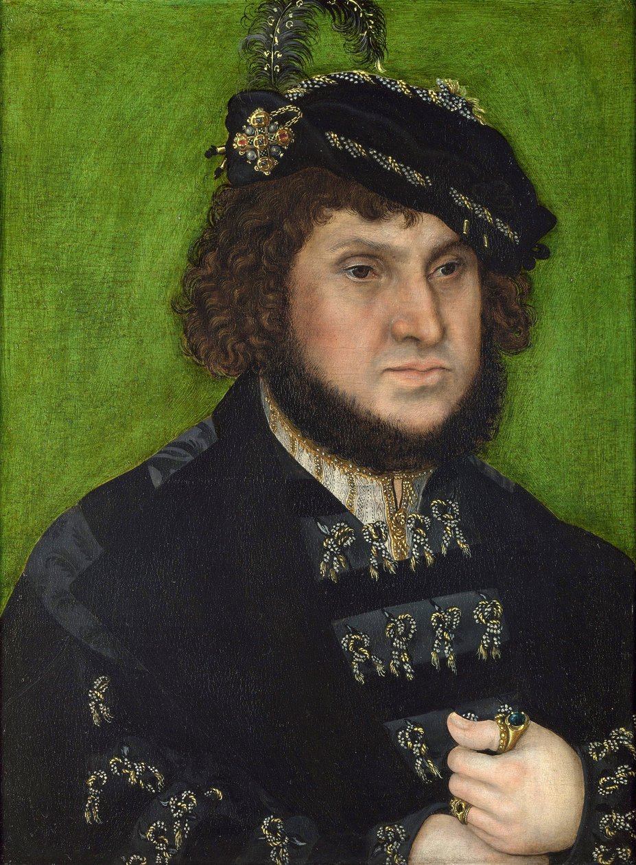 Porträtt av Johannes av Sachsen (Porträtt av Johannes av Sachsen). John Frederic av Sachsen, känd som storsint, storkurfursten och greve Pfalz och beskyddare av Martin Luther (1483-1546). Målning av Lucas Cranach den äldre (1472-1553), olja på trä av Lucas the Elder Cranach