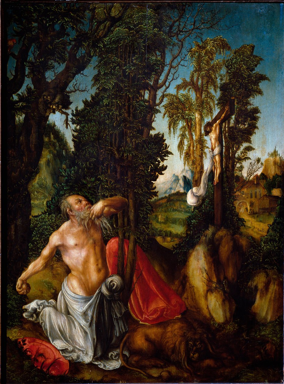 Sankt Hieronymus i botmålning av Lucas Cranach den äldre (1472-1553) 1502 Sön. 55,5x41,5 cm Wien, Kunsthistorisches Museum av Lucas the Elder Cranach