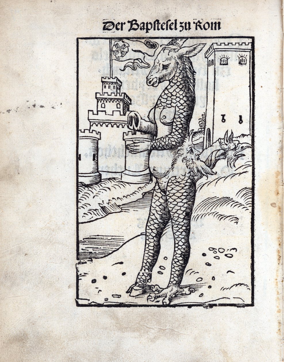 The Bapstesel zu Rom (Den påvliga åsnan eller påven i Rom), av Cranach, Lucas, den äldre (1472-1553). Träsnitt av Lucas the Elder Cranach
