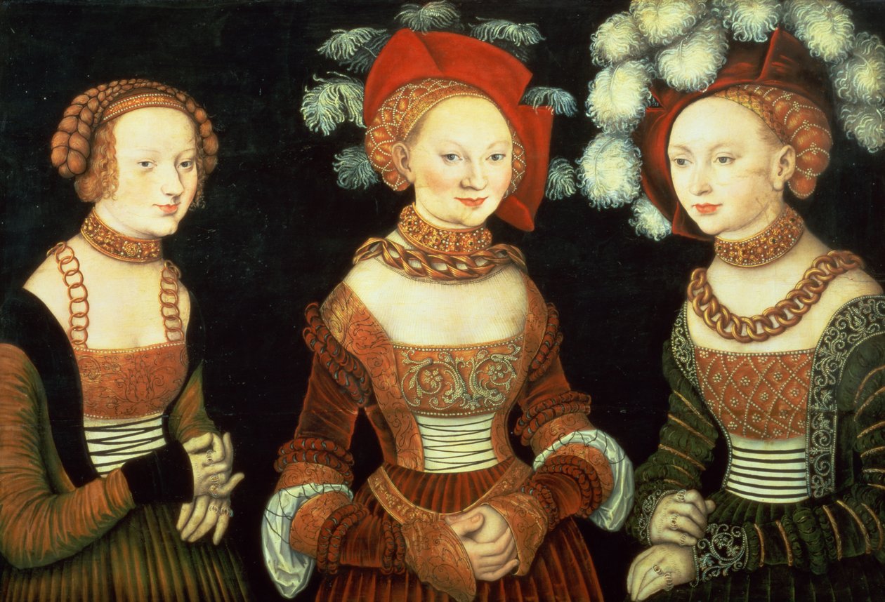 Tre prinsessor av Sachsen, Sibylla (1515-92), Emilia (1516-91) och Sidonia (1518-75), döttrar till hertig Heinrich av Frommen, ca 1535 (panel) av Lucas the Elder Cranach