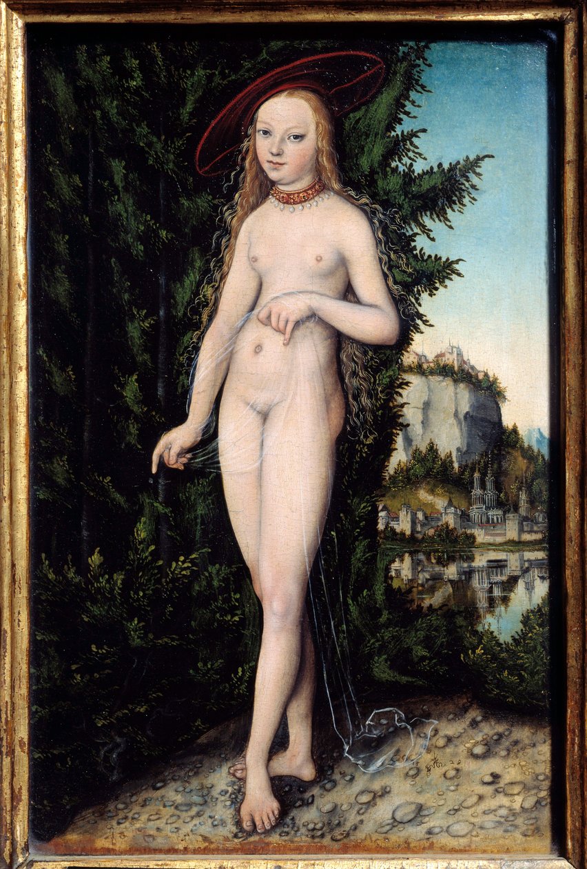 Venus står i en landskapsmålning av Lucas Cranach den äldre (1472-1553) 1529, Olja på trä, Dim. 0,38x0,25 m - Venus står i ett landskap. Målning av Lucas Cranach den äldre (1472-1553) av Lucas the Elder Cranach