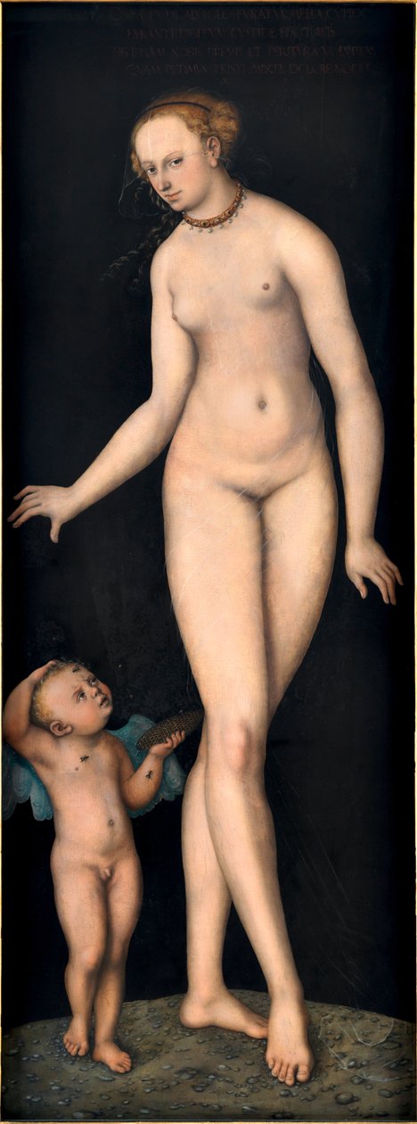 Venus med Amor honungstjuven, av Cranach, Lucas, den äldre (1472-1553). Olja på trä, efter 1537. Mått: 175,4x66,3 cm. Germanisches Nationalmuseum, Nürnberg av Lucas the Elder Cranach