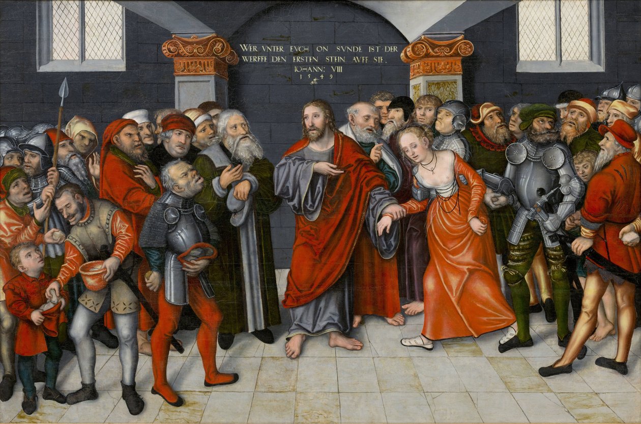 Kristus och kvinnan tagen i äktenskapsbrott av Lucas the Younger Cranach
