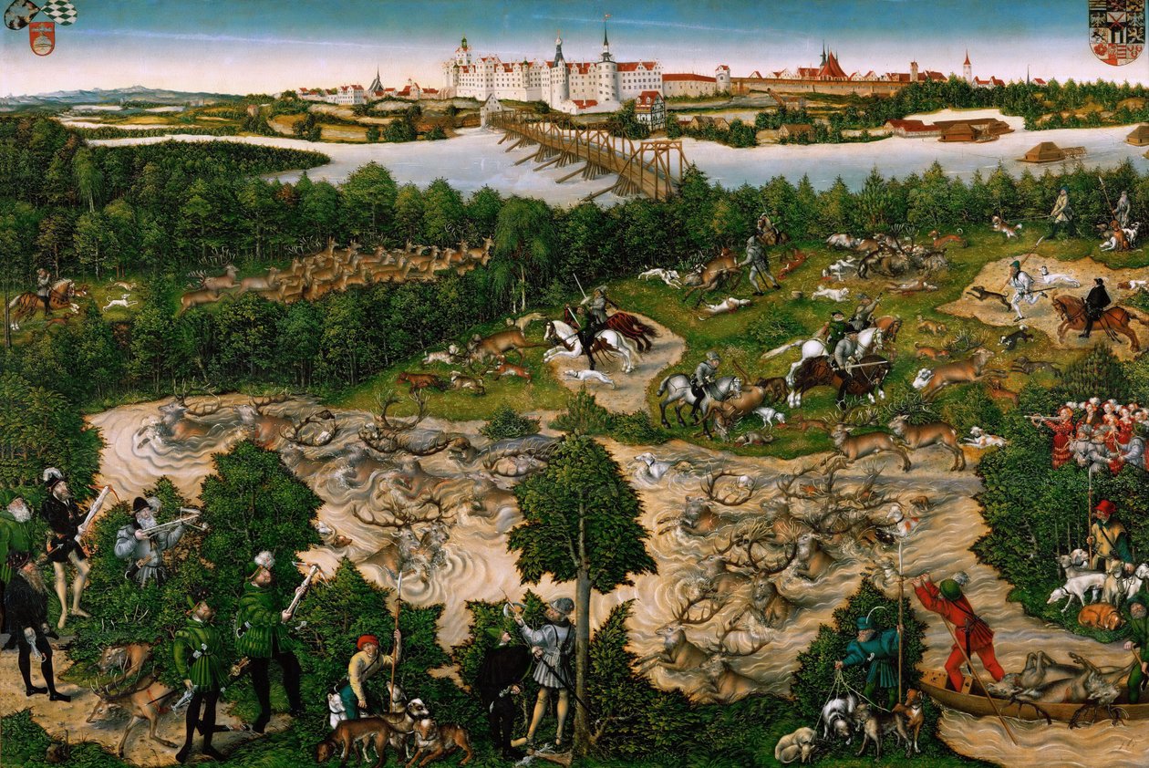 Jaga till kejsar Karl Vs ära nära Hartenfels slott, Torgau av Lucas the Younger Cranach