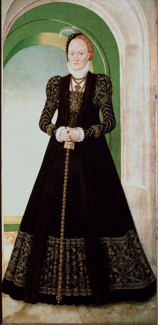 Porträtt av Anne av Danmark (1532-1585) Hustru till kurfurst Augustus av Sachsen (1526-1586) Målning av Lucas Cranach den unge (1515-1586) 1565 Sön. 215x104 cm Wiens konsthistoriska museum av Lucas the Younger Cranach