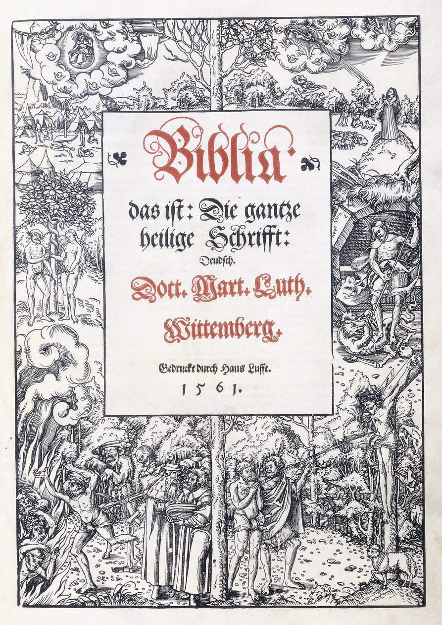 Titelsida, med en fin bildkant från "Biblia, das ist: Hela den heliga skriften: tyska", översatt av Martin Luther, 1560-1561 av Lucas the Younger Cranach