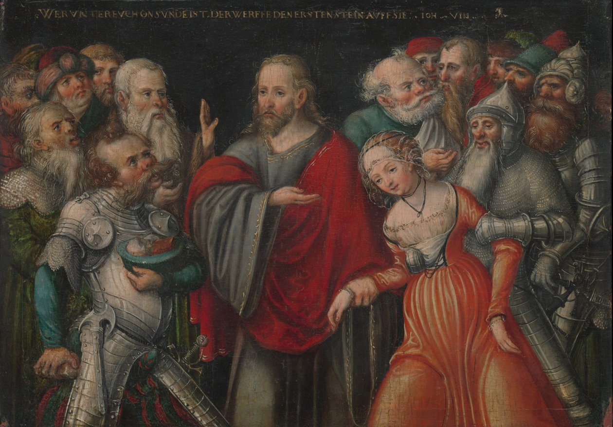 Kristus och äktenskapsbrytaren, ca 1545-50 (olja på bok) av Lucas the Younger studio of Cranach