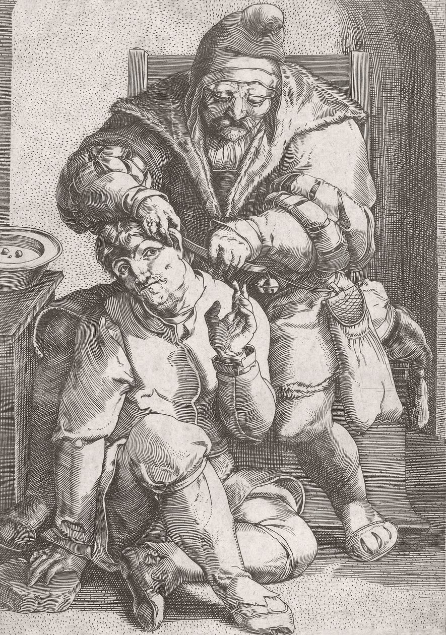 Frisörkirurg från 1600-talet som sköter en patients öra. av Lucas van (after) Leyden