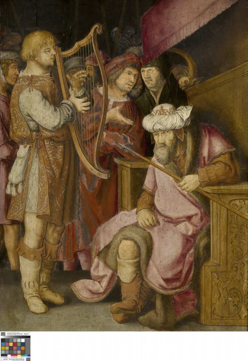 David spelar sin harpa för Saul (olja på panel) av Lucas van (after) Leyden