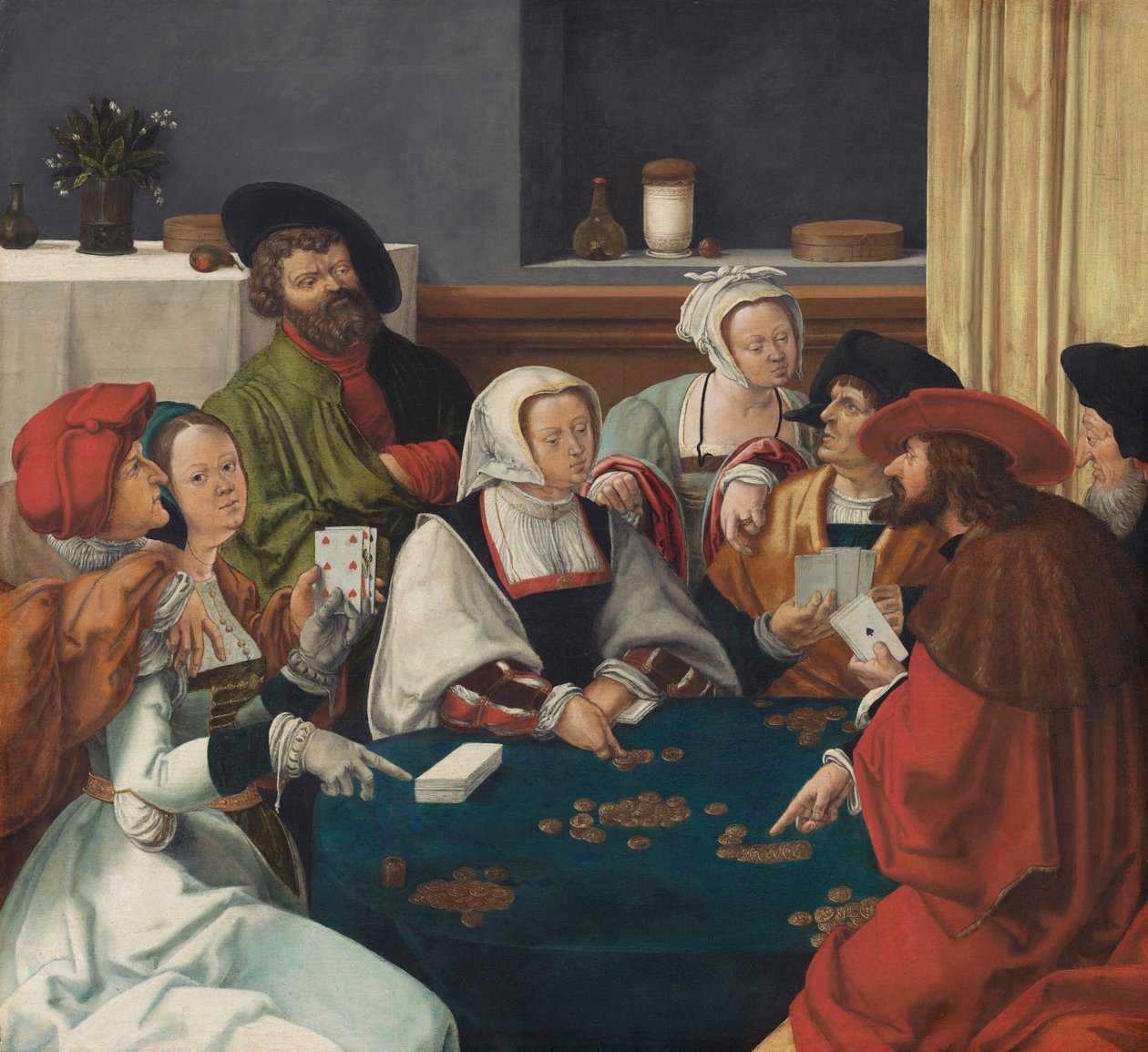 Kortspelarna, troligen ca 1550-99 (olja på duk) av Lucas van (after) Leyden